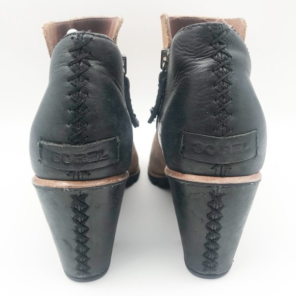 SOREL Nadia Peep Toe Suede Tan Black Block Heeled Ankle Booties Womens 8.5 - Picture 5 of 13